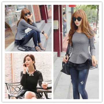 TE1396GJWL Korean fashion joker color matching slim long sleeve tops