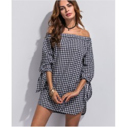 TE1191BNYR Euramerican fashion boat neck off shoulder check long sleeve blouse