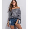 TE1191BNYR Euramerican fashion boat neck off shoulder check long sleeve blouse