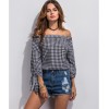 TE1191BNYR Euramerican fashion boat neck off shoulder check long sleeve blouse