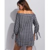 TE1191BNYR Euramerican fashion boat neck off shoulder check long sleeve blouse