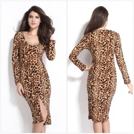 TE1192BNYR New style long sleeve v neck leopard slit long dress
