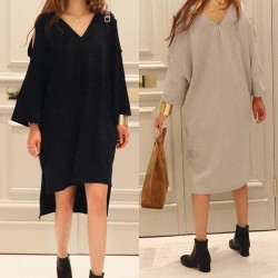 TE3069YZS Large size v neck off shoulder irregular slit long sleeve t-shirt dress