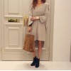 TE3069YZS Large size v neck off shoulder irregular slit long sleeve t-shirt dress