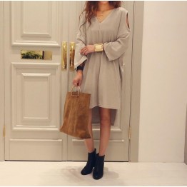 TE3069YZS Large size v neck off shoulder irregular slit long sleeve t-shirt dress