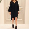 TE3069YZS Large size v neck off shoulder irregular slit long sleeve t-shirt dress