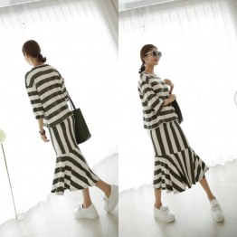 TE3070YZS Large size stripes three quarter sleeve tops with fishtail skirt