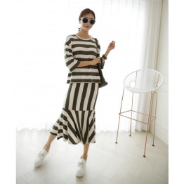 TE3070YZS Large size stripes three quarter sleeve tops with fishtail skirt