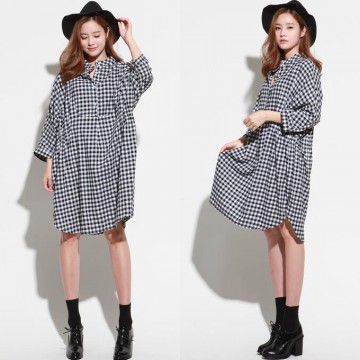 TE6484YZS 2016 autumn large size black and white checks slim waist shirt dress