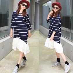 TE6485YZS Large size stripes splicing flouncing hem long sleeve dress