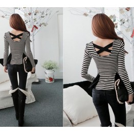 TE6487YZS New style sweet classic stripes splicing long sleeve backless t-shirt