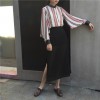 TE698MEH Korean fashion chic batwing sleeve leather splicing cuff chiffon blouse