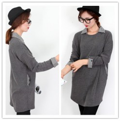 TE1401GJWL Autumn new style checks splicing sueded long tops