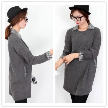 TE1401GJWL Autumn new style checks splicing sueded long tops