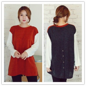 TE1406GJWL Korean style loose color matching back buttons long t-shirt