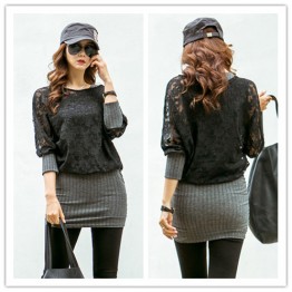 TE1530GJWL Autumn style lace splicing batwing sleeve fake two piece dress