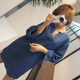 TE6515YZS Long sleeve v neck loose pullover denim dress