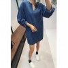 TE6515YZS Long sleeve v neck loose pullover denim dress