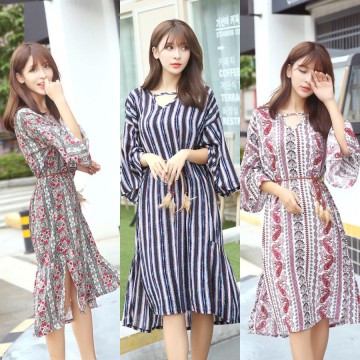 TE6516YZS Large size stripes flowers print trumpet sleeve flouncing long slit dress