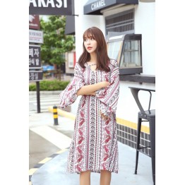 TE6516YZS Large size stripes flowers print trumpet sleeve flouncing long slit dress