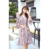 TE6516YZS Large size stripes flowers print trumpet sleeve flouncing long slit dress