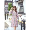 TE6516YZS Large size stripes flowers print trumpet sleeve flouncing long slit dress