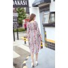 TE6516YZS Large size stripes flowers print trumpet sleeve flouncing long slit dress