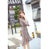 TE6516YZS Large size stripes flowers print trumpet sleeve flouncing long slit dress