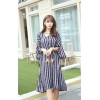 TE6516YZS Large size stripes flowers print trumpet sleeve flouncing long slit dress