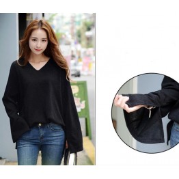 TE6520YZS New style v neck trumpet long sleeve slit knitting tops