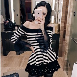 TE1550GJWL New style fashion slim stripes trumpet sleeve t-shirt