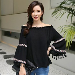 TE1553GJWL Boat neck elastic flouncing lace trumpet sleeve shirt