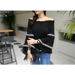 TE1553GJWL Boat neck elastic flouncing lace trumpet sleeve shirt