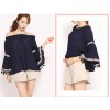 TE1553GJWL Boat neck elastic flouncing lace trumpet sleeve shirt