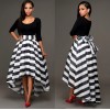 TE0999DNFS Boat neck long sleeve tops with stripes skirt