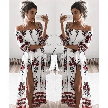 TE1321BNYR Hot sale loose digital print boat neck dress