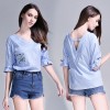 TE6227QQZJ Embroidery v neck half sleeve stripes shirt