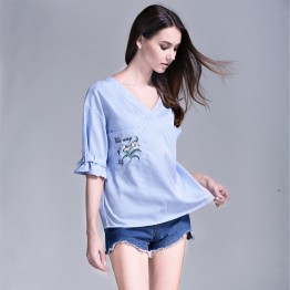 TE6227QQZJ Embroidery v neck half sleeve stripes shirt