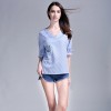 TE6227QQZJ Embroidery v neck half sleeve stripes shirt