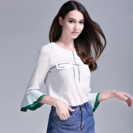 TE6228QQZJ Summer embroidery color matching trumpet sleeve shirt