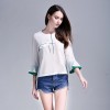 TE6228QQZJ Summer embroidery color matching trumpet sleeve shirt