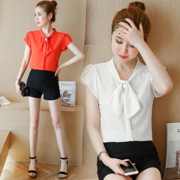 TE573LHFS Summer bowknot neck short sleeve chiffon shirt