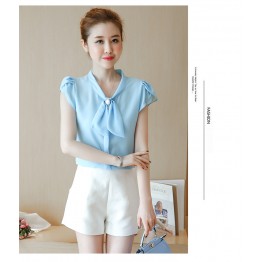 TE573LHFS Summer bowknot neck short sleeve chiffon shirt