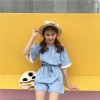 TE6260QBY Korean fashion fresh boat neck empire waist denim jumpsuit