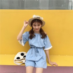 TE6260QBY Korean fashion fresh boat neck empire waist denim jumpsuit