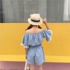 TE6260QBY Korean fashion fresh boat neck empire waist denim jumpsuit