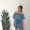 TE6260QBY Korean fashion fresh boat neck empire waist denim jumpsuit