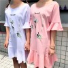 TE9166HYG Embroidery v neck trumpet sleeve dress