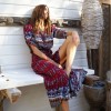 TE7813WYZ Fashion v neck half sleeve vintage print long dress