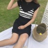 TE8141HSJL Korean chic stripes gallus pure color t-shirt and fashion skirt three pieces